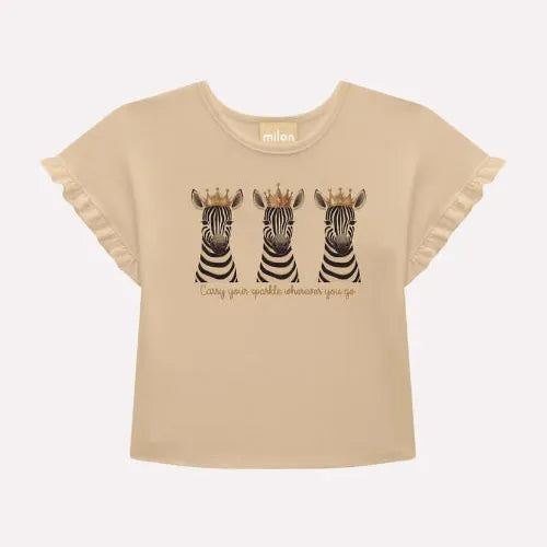 Beige t-shirt with zebra design and text on a white background