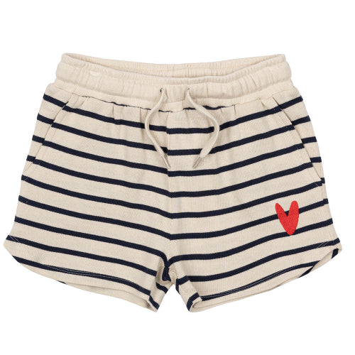 Beige and navy striped shorts with a red heart on a white background
