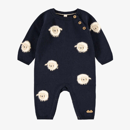 Navy blue baby romper with sheep pattern on a white background