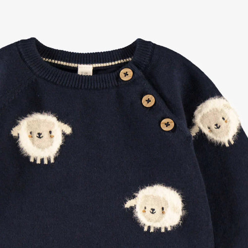 Navy blue sweater with sheep designs and wooden buttons on a white background