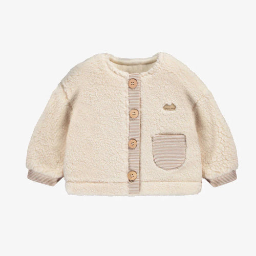 Beige baby jacket with button details on a white background