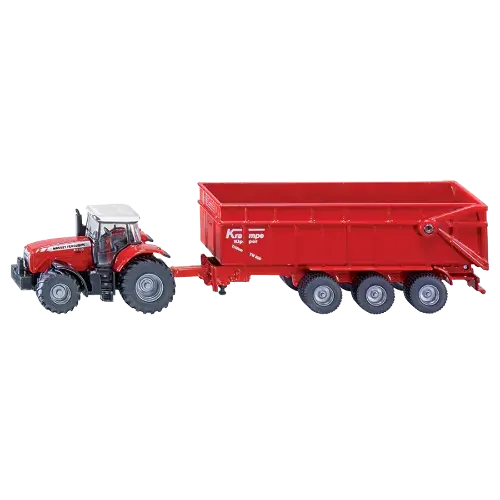 Model tractor with red trailer on a white background