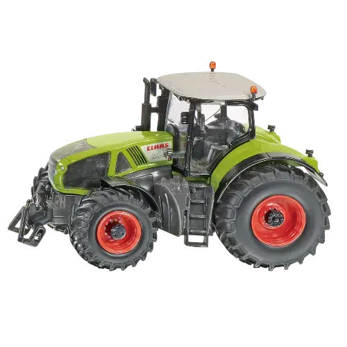 Model tractor with green body and red wheels on a white background