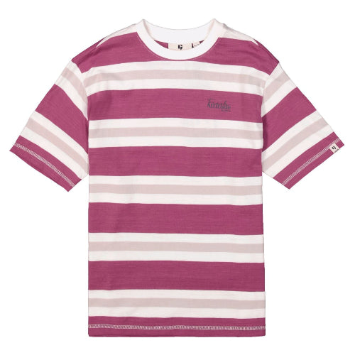 Striped t-shirt with a logo on a white background