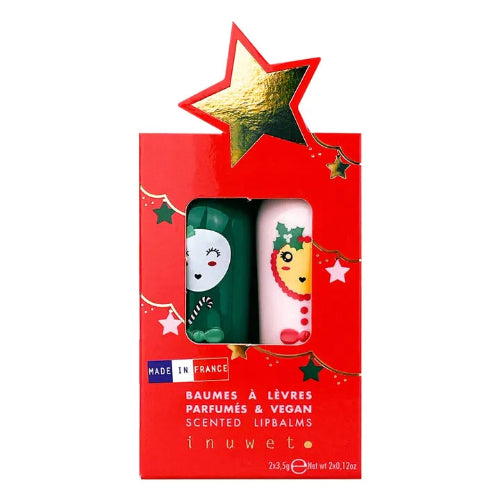Red gift box with two lip balms and a gold star on a white background