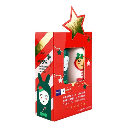 Red gift box with lip balms featuring cartoon characters on a white background
