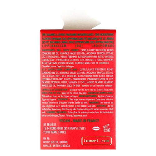 Red label with text and branding on a white background